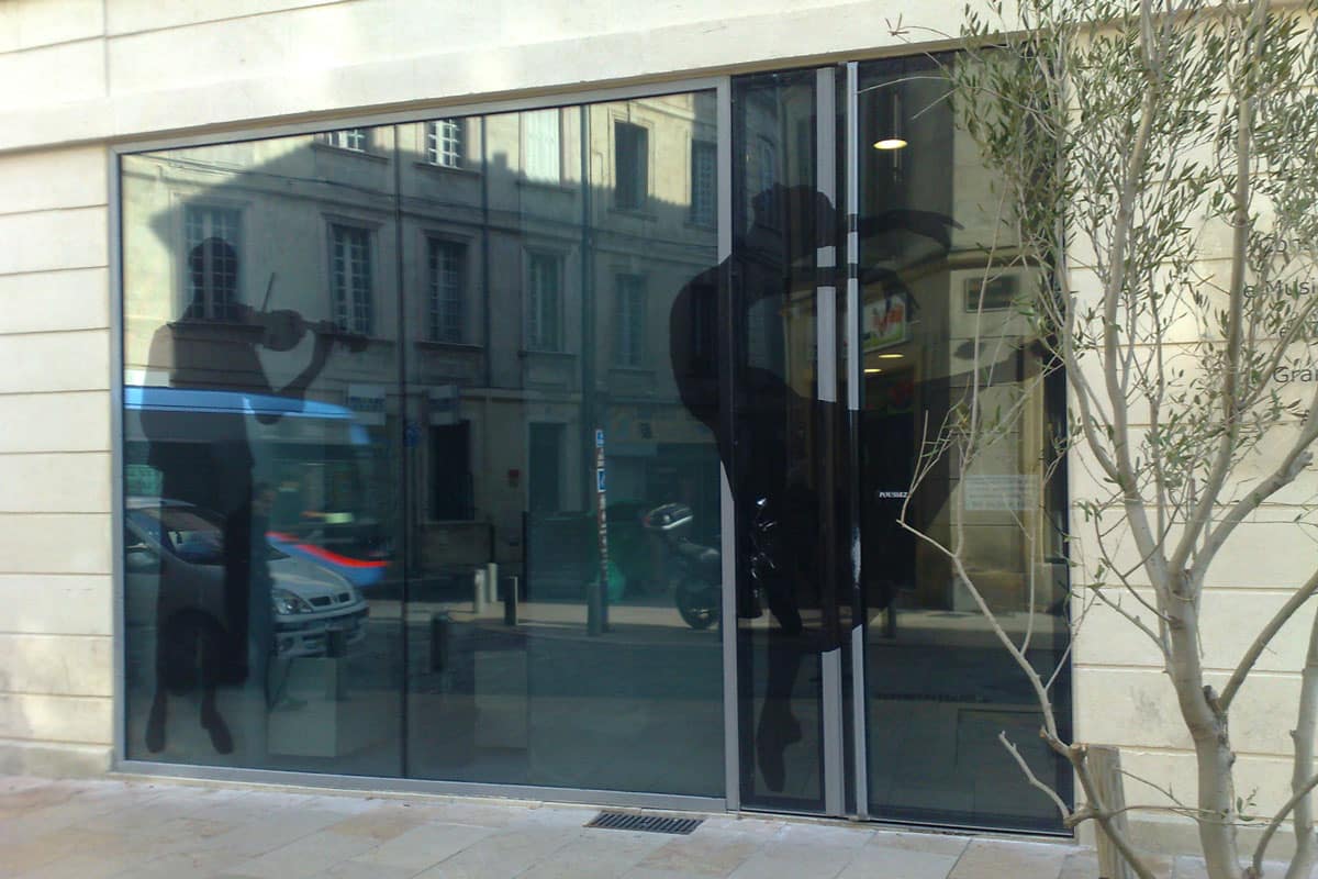 Portes d’entrée battantes vitrées avec dessin en insert